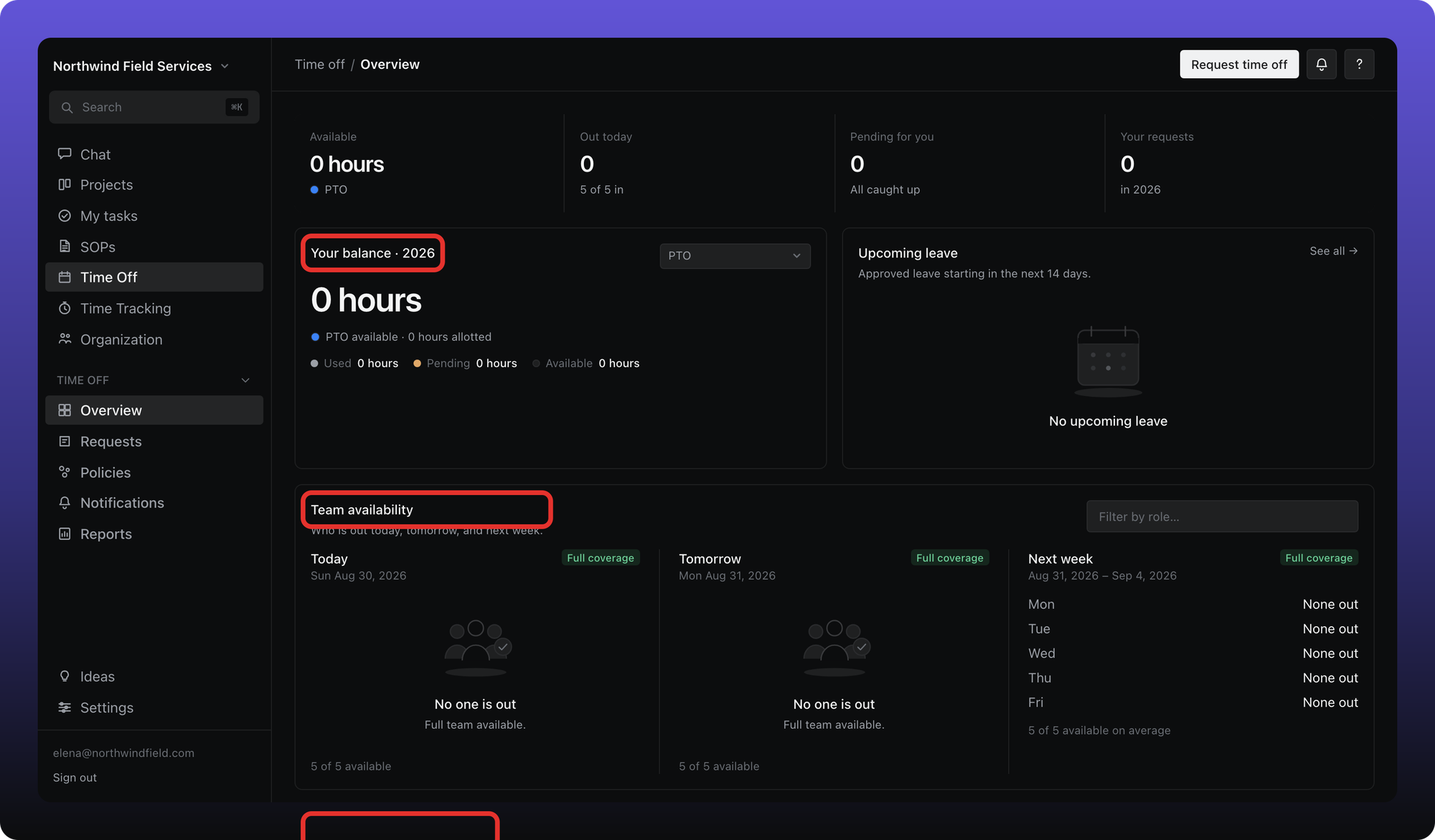 Time Off Overview with balance, team availability, and upcoming holidays outlined
