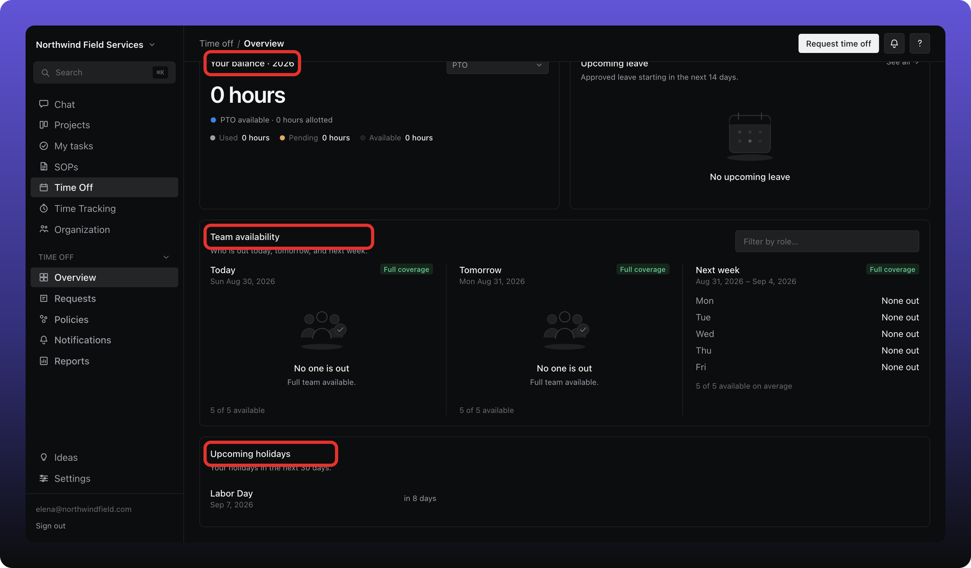 Time Off Overview with balance, team availability, and upcoming holidays outlined