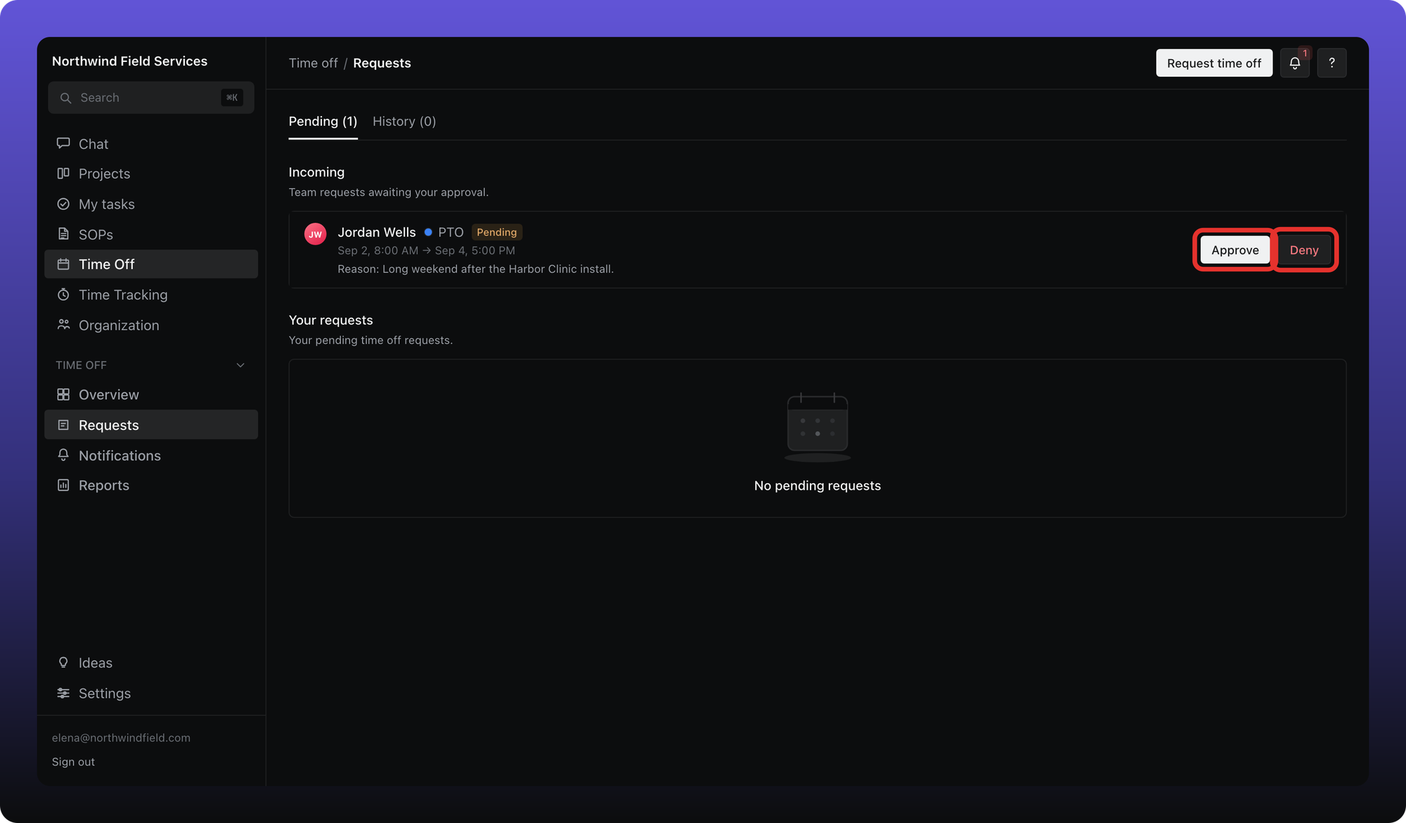 Incoming leave request with Approve and Deny buttons outlined
