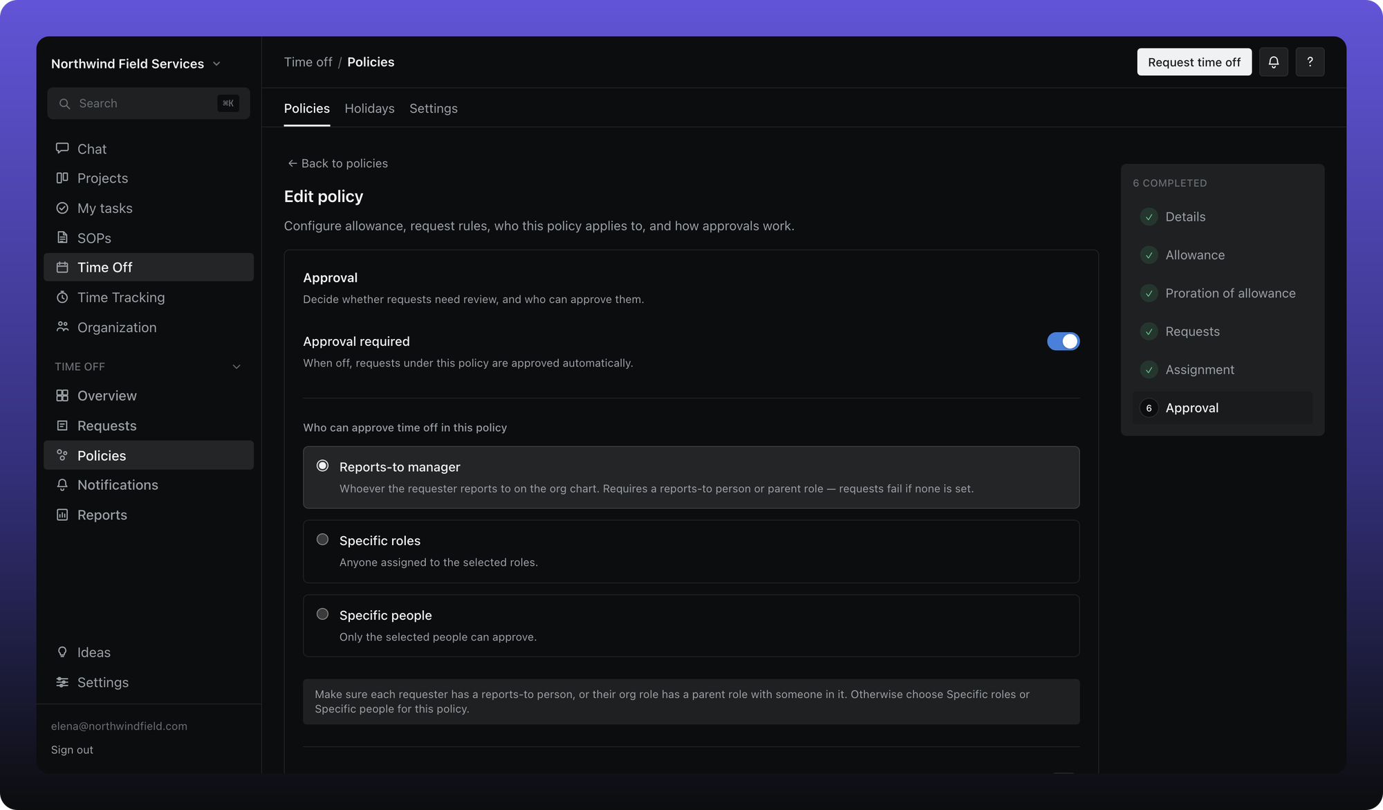 Leave policy Approval step showing reports-to manager, specific roles, specific people, and auto-approve