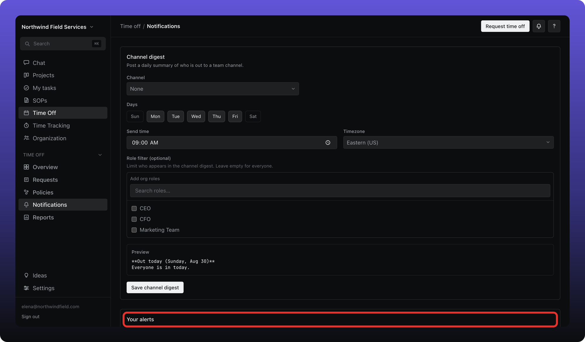Time Off Notifications with Channel digest and Your alerts sections