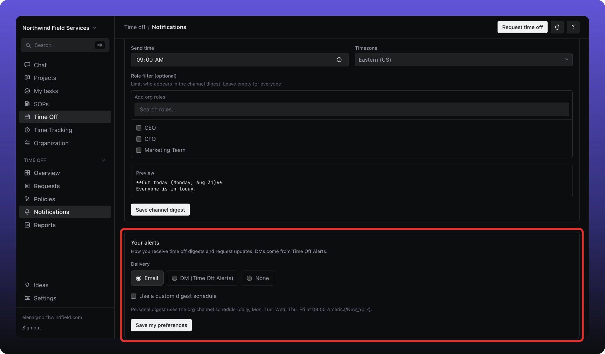 Time Off Notifications with Your alerts delivery options outlined